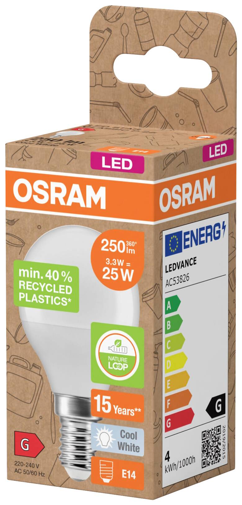 Verpackung einer LED-Glühbirne mit 250 Lumen, 25 Watt, Energieeffizienzklasse G. Enthält recyceltes Plastik. Marke: OSRAM, Sockel: E14.