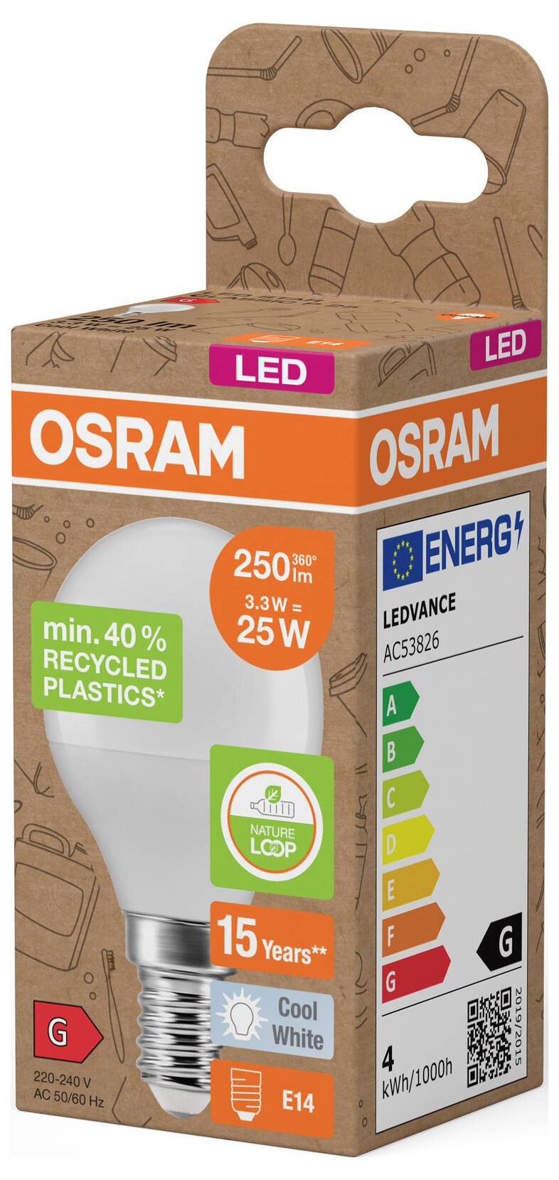 OSRAM LEDVance Glühbirne in brauner Recycling-Karton-Schachtel, beschriftet mit 3,3W 25W Äquivalent, E14, 400 Lumen, 15 Jahre, Energieklasse G.