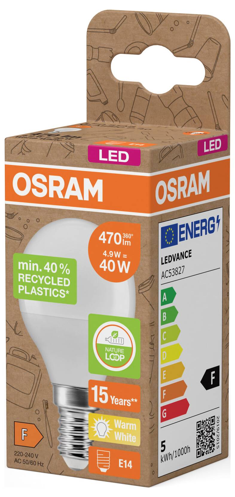 OSRAM LEDVANCE LED-Glühbirne Kartonverpackung, orange und braun, mit Energieeffizienzklasse F, 4,9W 40W Äquivalent, E14-Sockel, 15 Jahre, 270 lm und 40% recycelter Kunststoff.