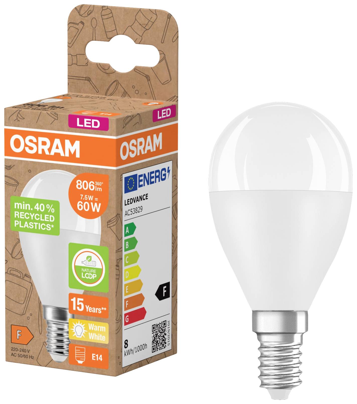 OSRAM HOMELIGHTING 4058075832121 LED EEK F (A - G) E14 Tropfenform 7.5 W = 60 W Warmweiß (Ø x L) 47 mm x 89 mm 1 St.