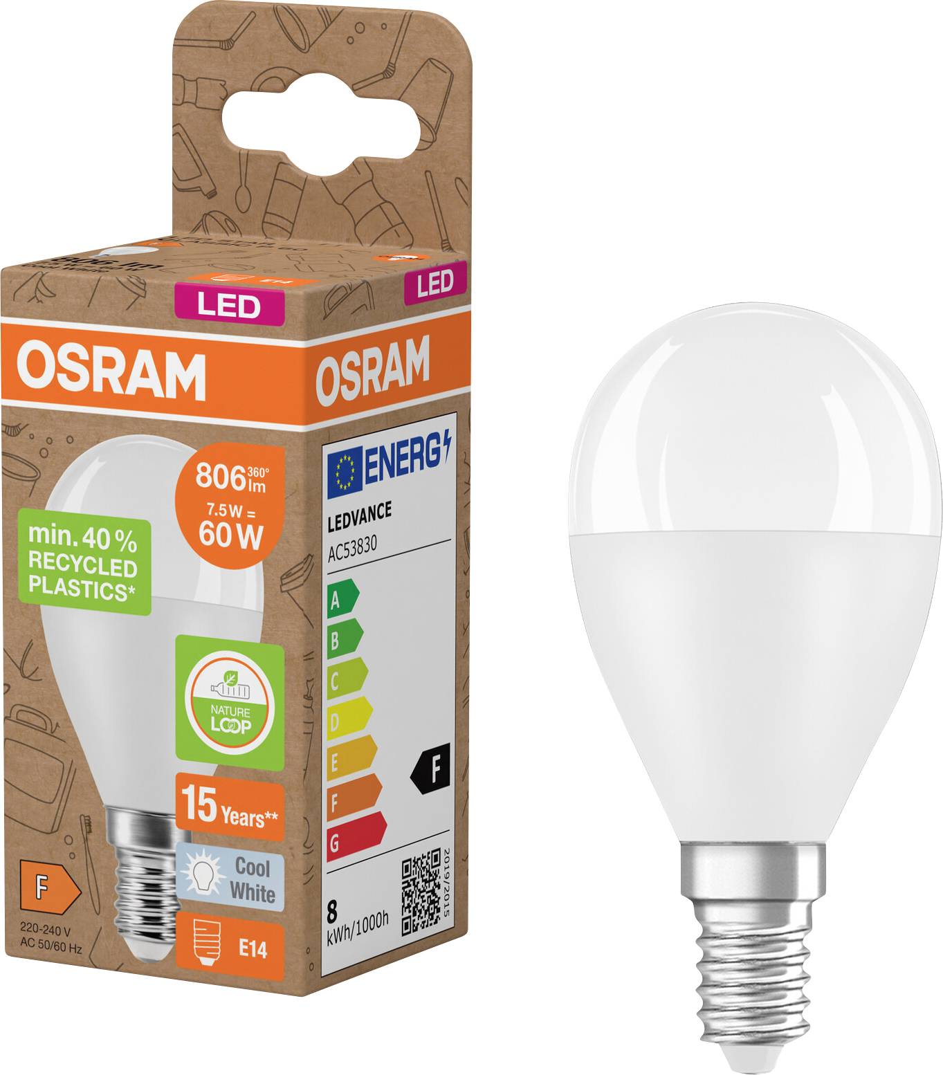 OSRAM LED-Glühbirne und ihre Einzelhandelsverpackung, zeigt eine E14-Fassung, 8 kWh/1000h Energieverbrauch, 6W, 806 Lumen und eine Lebensdauer von 15 Jahren.
