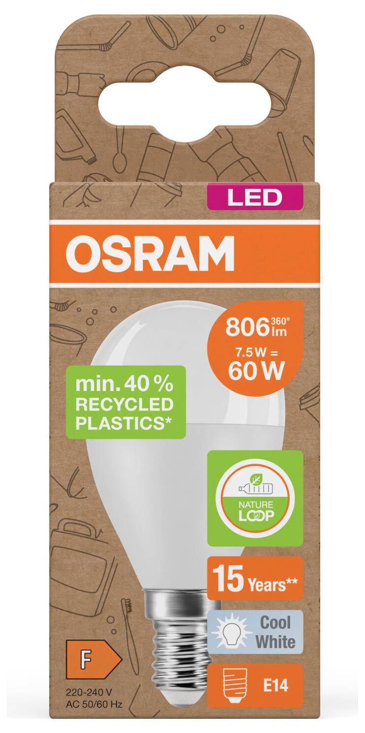 OSRAM LED-Glühlampe, 806 lm, 7,5 W, 60 W Entsprechung, E14-Sockel, Kaltweiß, mindestens 40% recycelter Kunststoff, 15 Jahre, Energieklasse F.