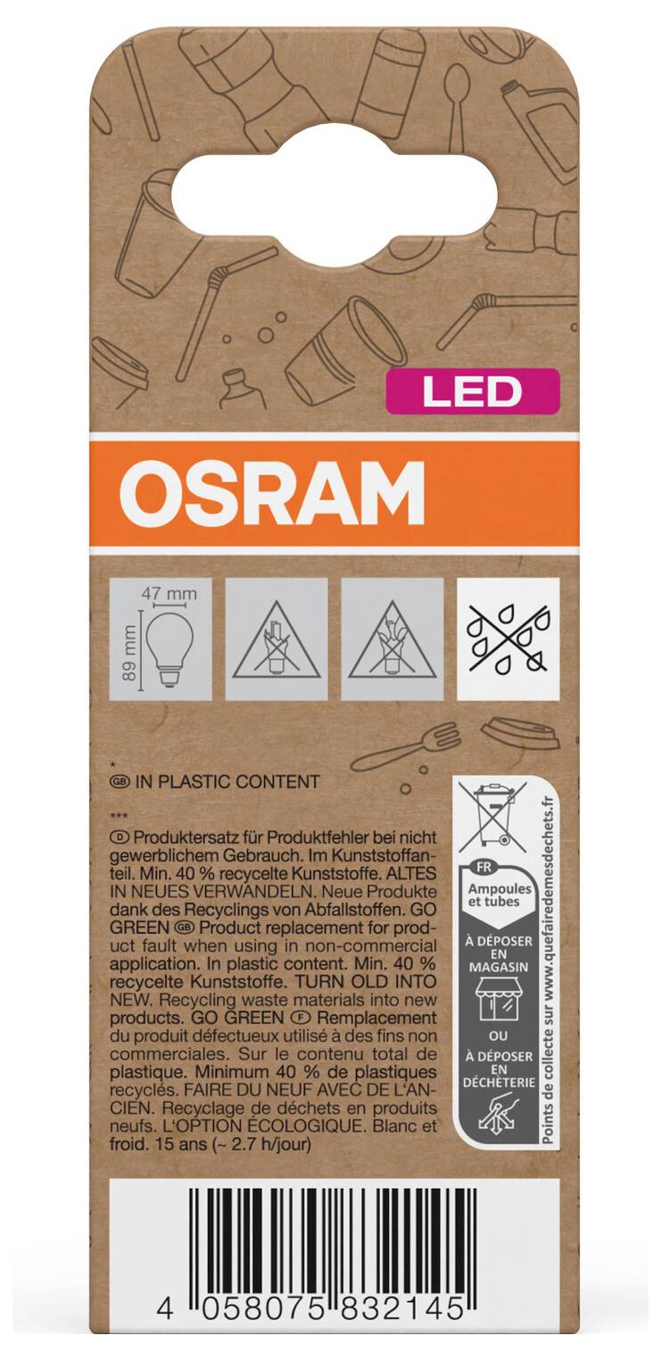 OSRAM LED-Glühbirnen-Verpackungskarte mit orangem Markenband, Produktsymbolen, Recyclinginformationen und Barcode am unteren Rand.