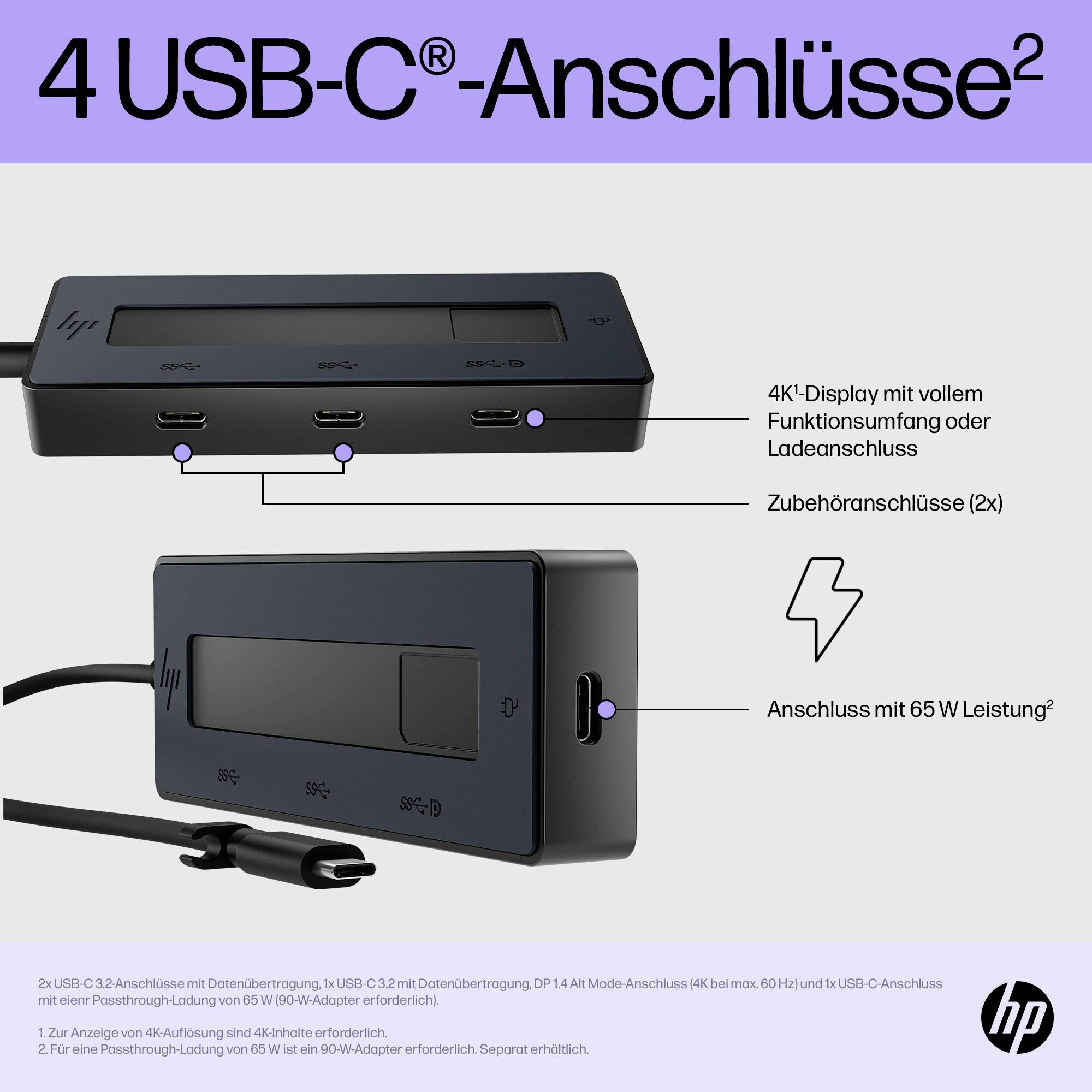Dockingstation mit 4 USB-C®-Anschlüssen, 2 für Display mit vollem Funktionsumfang/Laden, 2 für Zubehör. Inkl. 65W Netzteil.