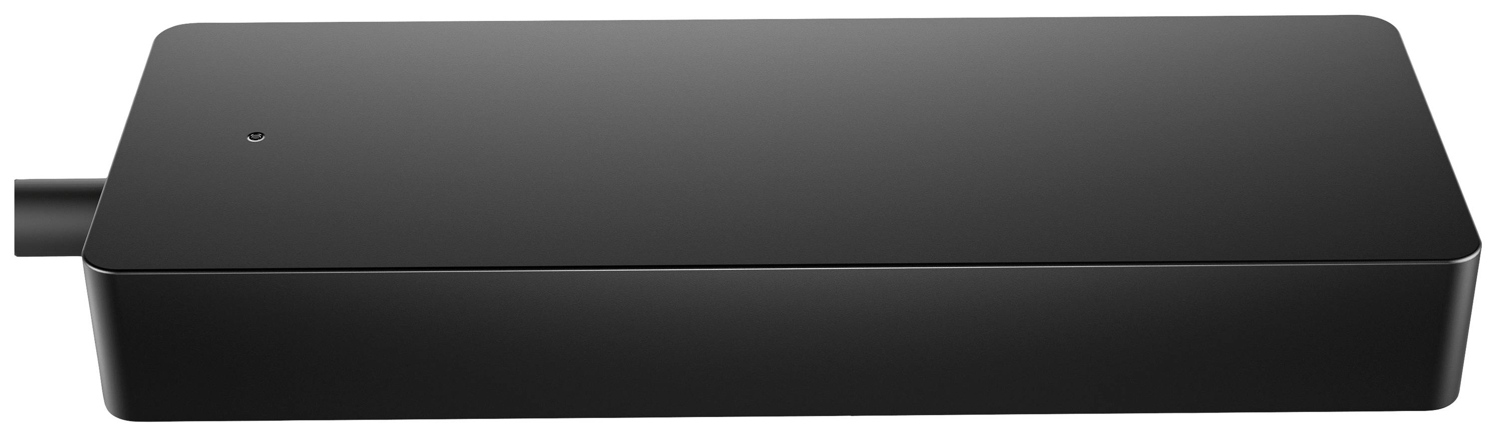 Ein schwarzes, rechteckiges elektronisches Gerät mit glatter Oberfläche und einer kleinen Öffnung an der linken Kante.