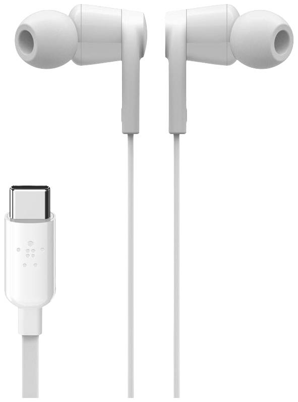 Weiße In-Ear-Kopfhörer mit USB-C-Anschluss, frontal abgebildet.