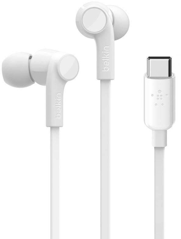 Weiße In-Ear-Kopfhörer mit USB-C-Anschluss, geeignet für Mobilgeräte. Sie haben weiche Ohrstöpsel und ein kompaktes Design.