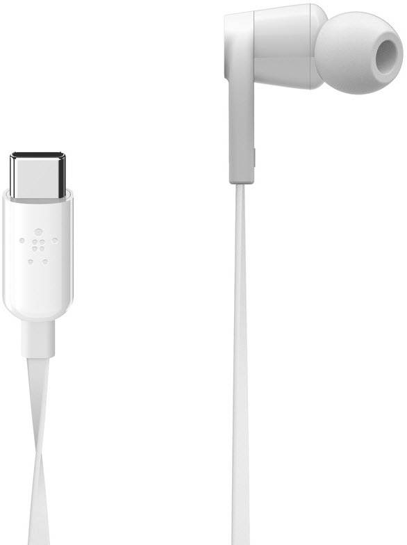 Weiße In-Ear-Kopfhörer mit USB-C-Anschluss, geeignet für moderne Smartphones und Tablets. Linke Ansicht zeigt Anschluss, rechte Ohrhörer.