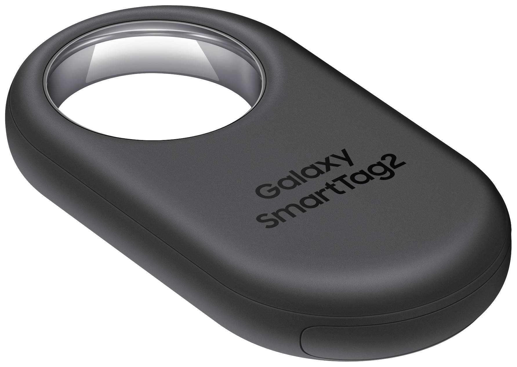 Schwarzer Galaxy SmartTag 2 mit rundem Loch oberhalb, auf dem 'Galaxy SmartTag2' steht.