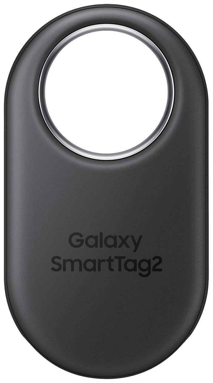 Schwarzes Galaxy SmartTag2 mit ovaler Form und definiertem Loch oben, auf dem der Text 'Galaxy SmartTag2' aufgedruckt ist.