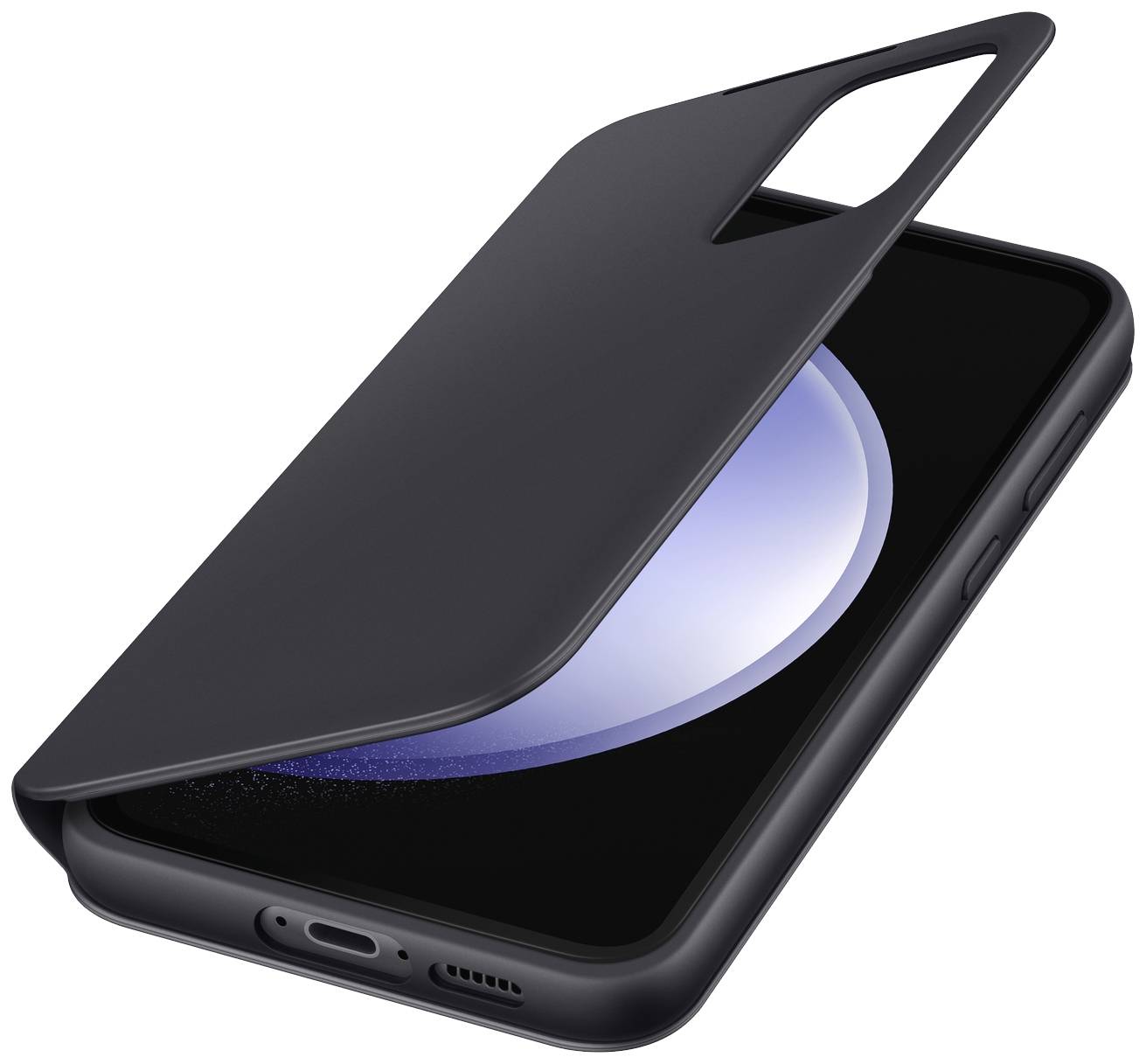 Eine schwarze Smartphone-Hülle, die halb geöffnet ist, zeigt ein Display mit blauer Beleuchtung.