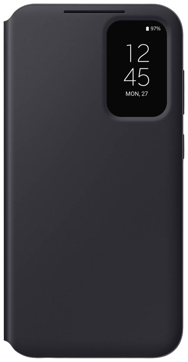 Schwarzes Smartphone in einer Schutzhülle mit Display-Ausschnitt; zeigt die Uhrzeit '12:45' und das Datum 'Mon., 27' an. Akkuanzeige bei 97%.