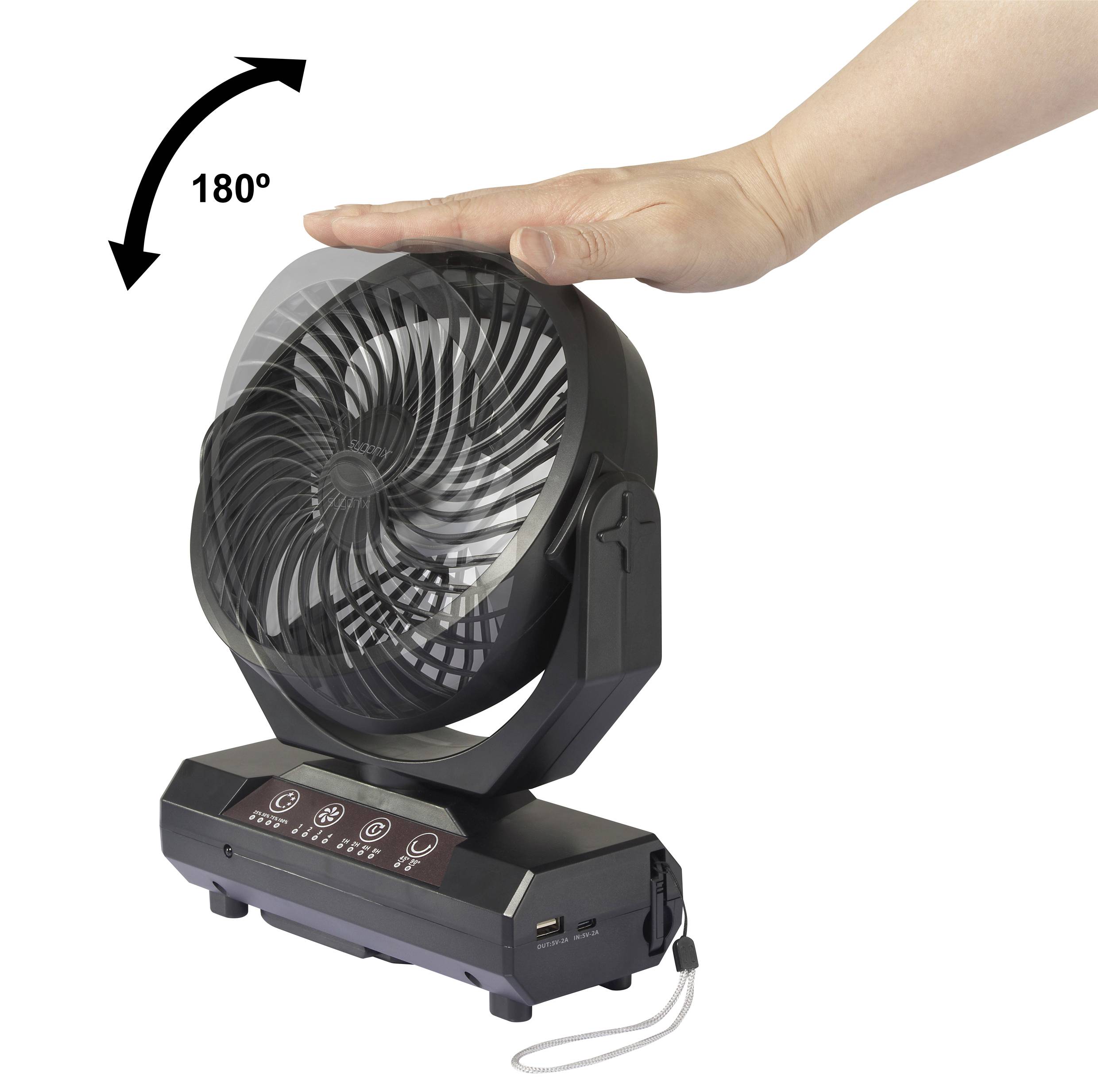 Sygonix Akku-Ventilator 4.6W (Ø) 205mm Schwarz Akkubetrieb möglich, mit Beleuchtung, Oszillierend, mit Fernbedienung