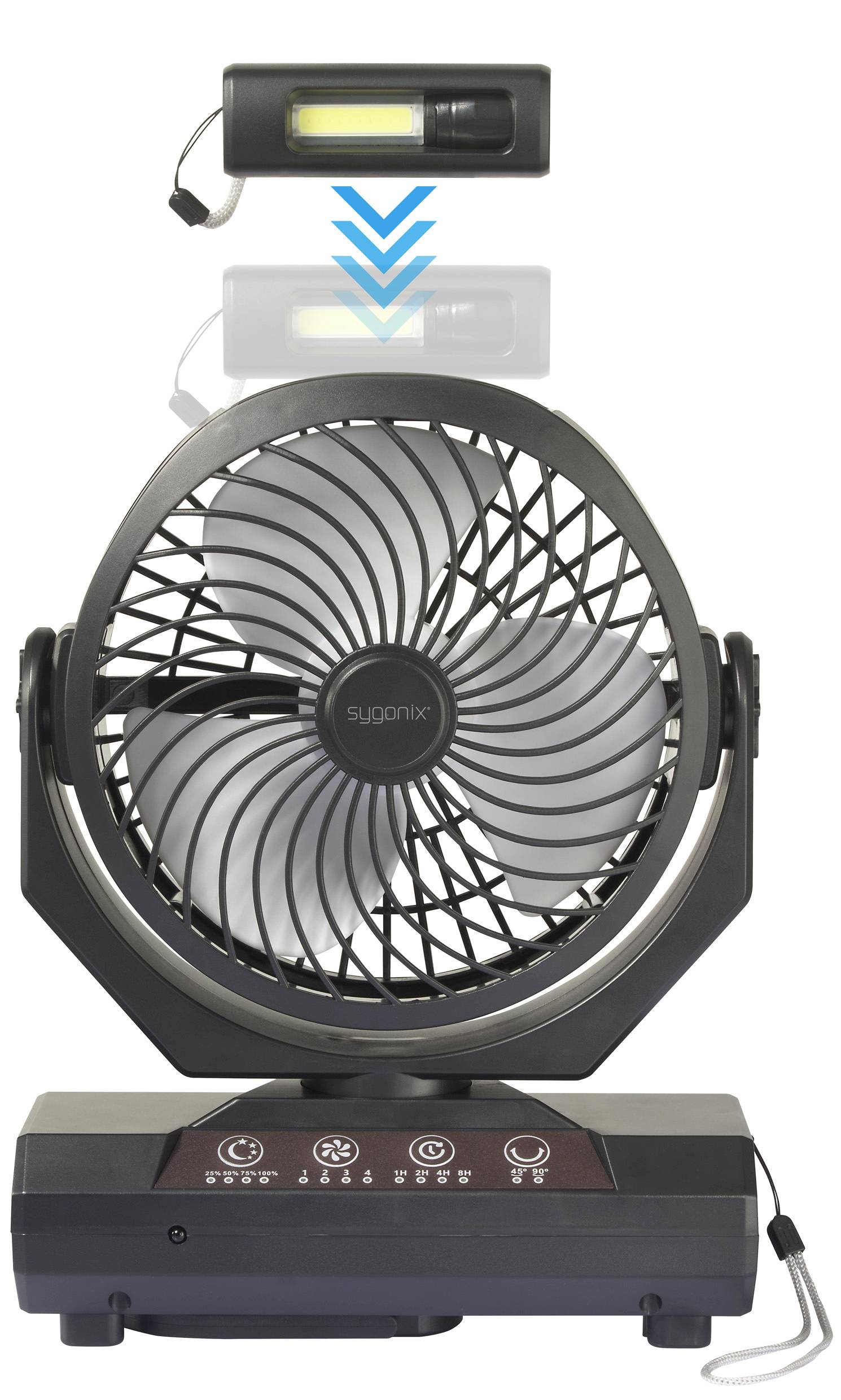 Sygonix Akku-Ventilator 4.6W (Ø) 205mm Schwarz Akkubetrieb möglich, mit Beleuchtung, Oszillierend, mit Fernbedienung