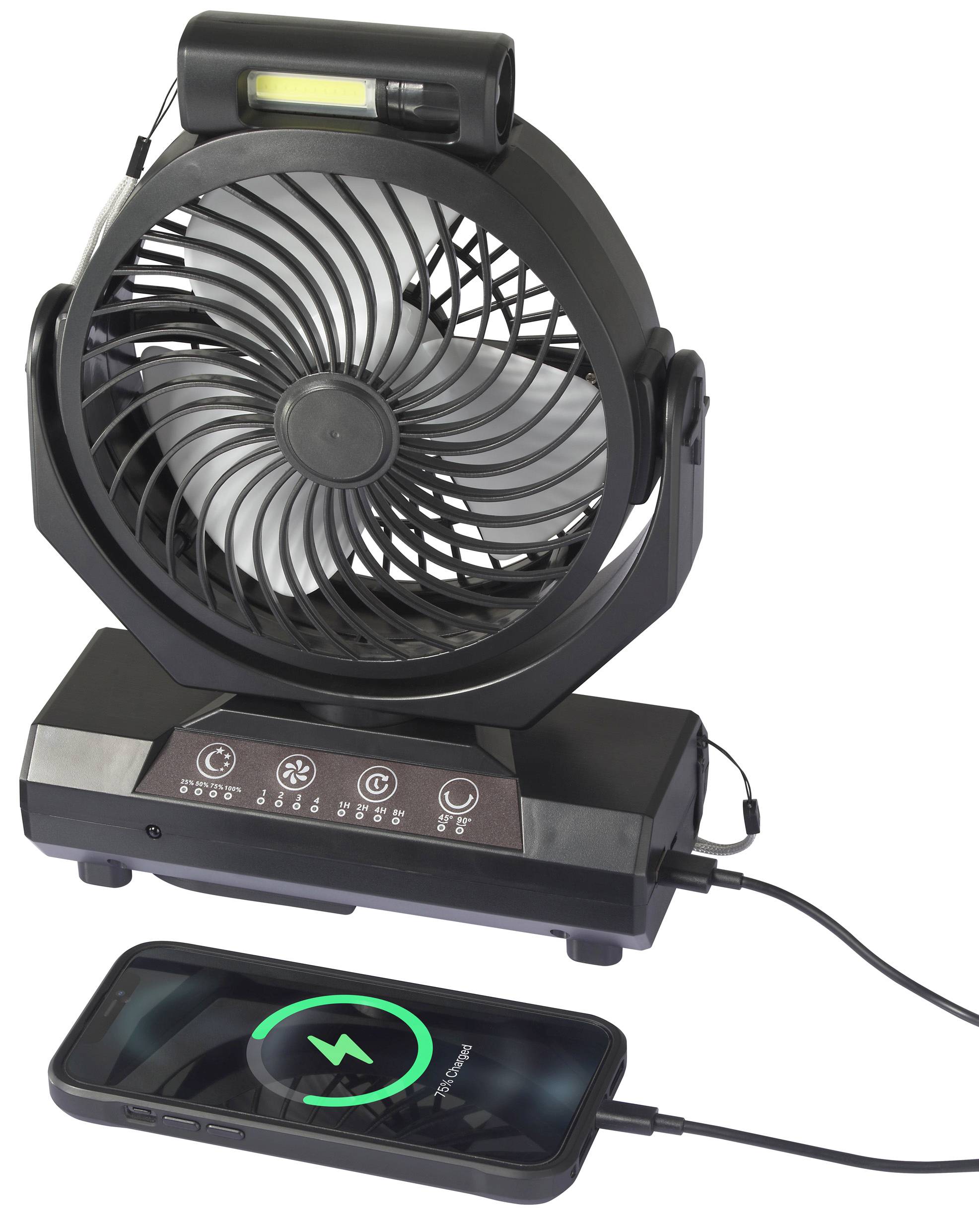 Sygonix Akku-Ventilator 4.6W (Ø) 205mm Schwarz Akkubetrieb möglich, mit Beleuchtung, Oszillierend, mit Fernbedienung