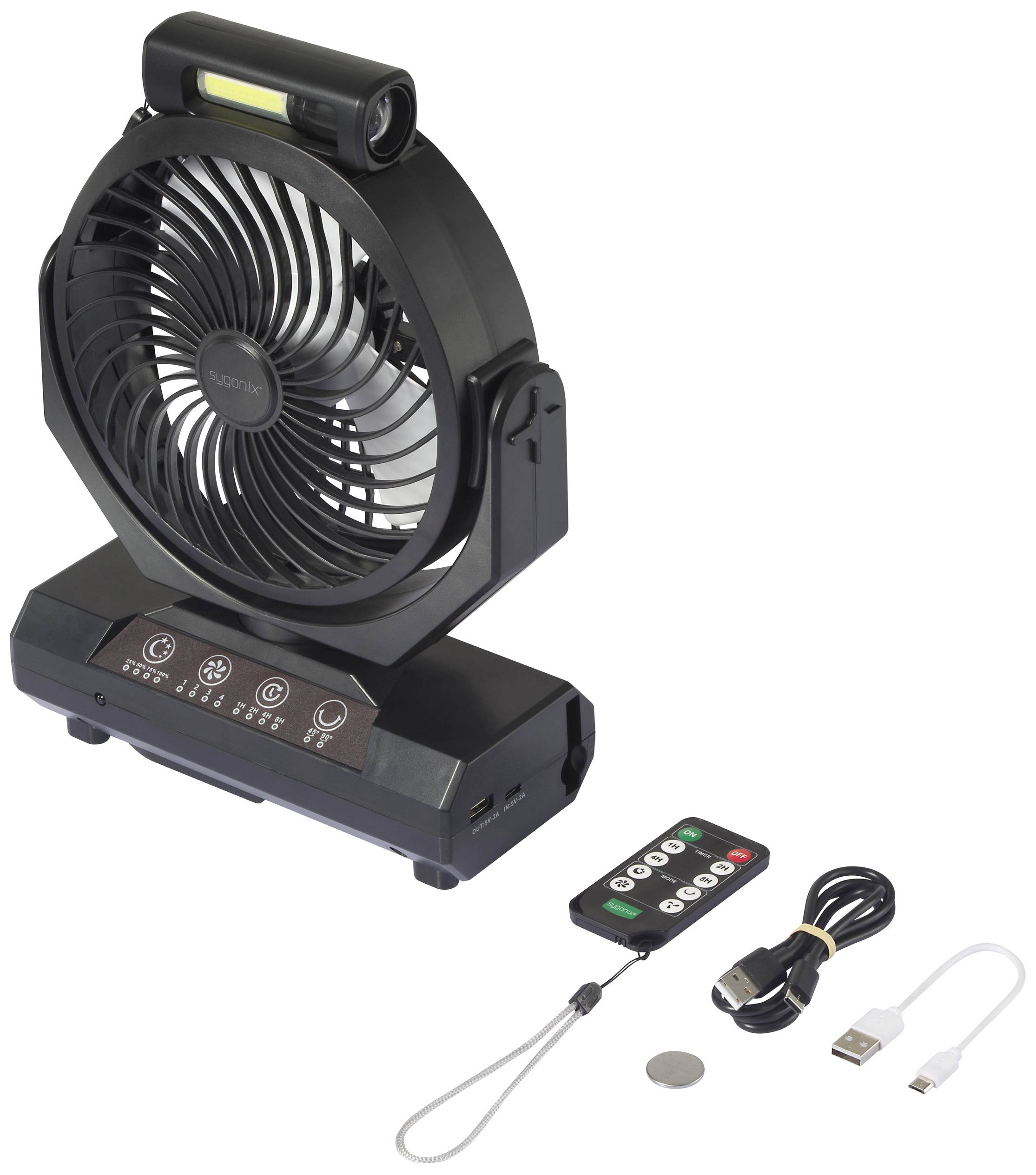 Sygonix Akku-Ventilator 4.6W (Ø) 205mm Schwarz Akkubetrieb möglich, mit Beleuchtung, Oszillierend, mit Fernbedienung