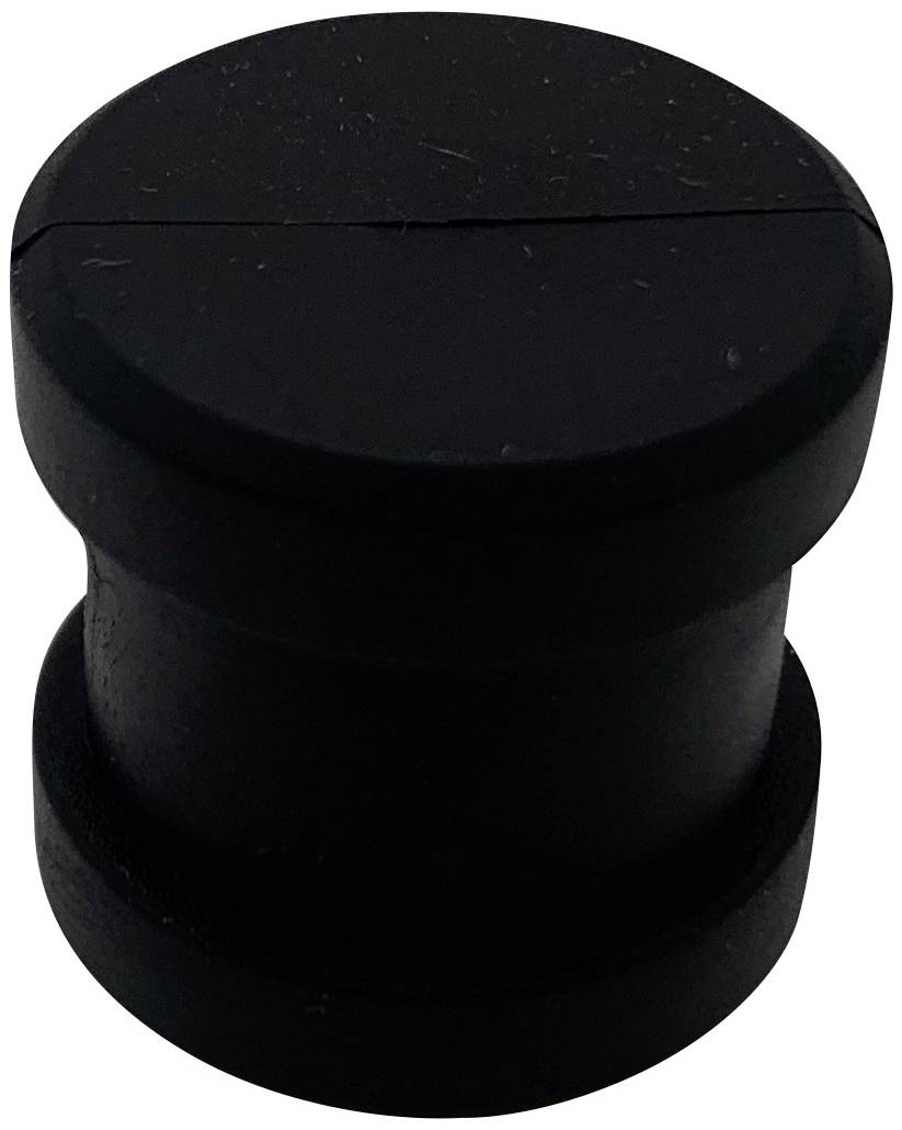 Ein schwarzer, zylindrischer Gummistopper, möglicherweise ein Möbel- oder Türpuffer.