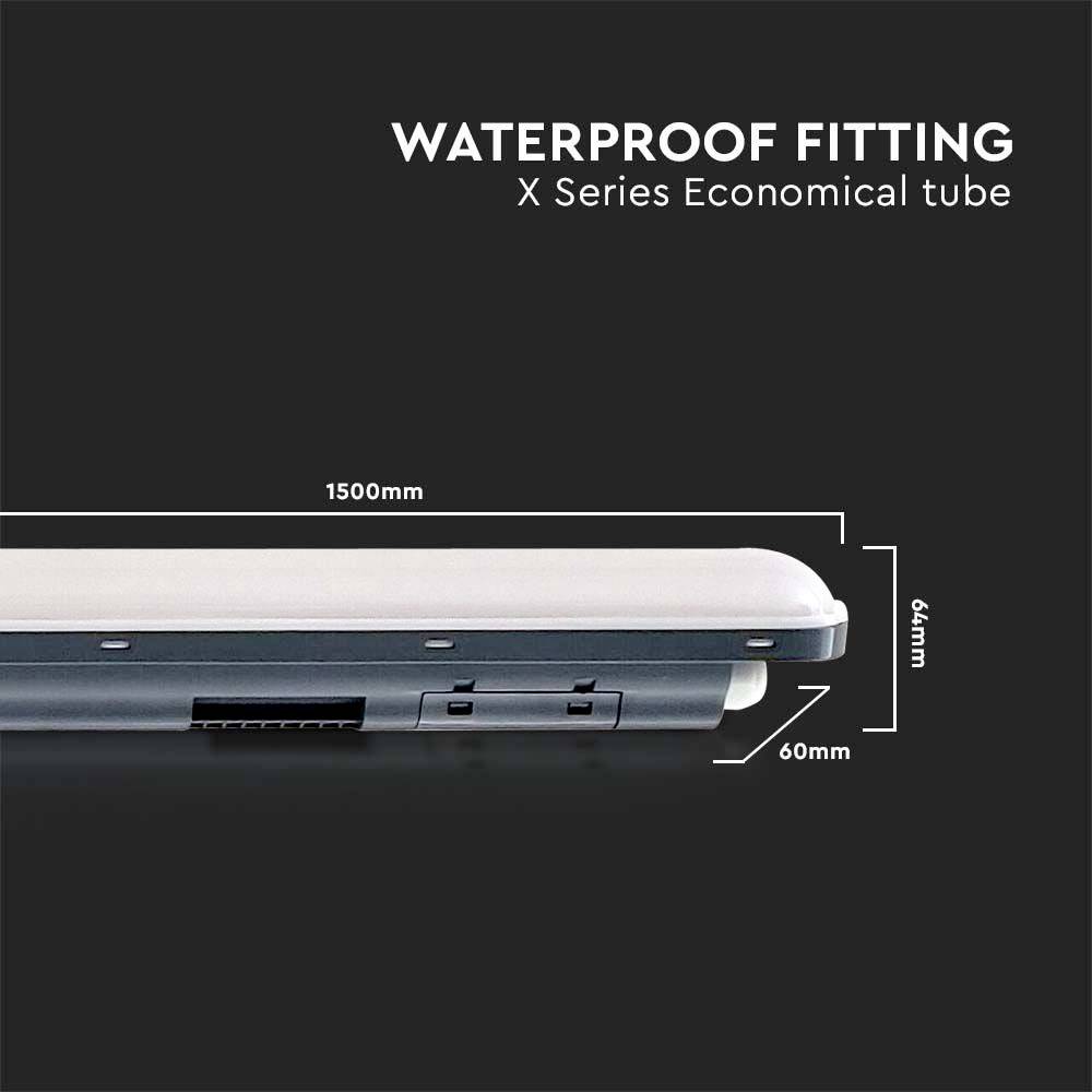 Die Abbildung zeigt ein wasserdichtes Leuchtmittel der X-Serie. Maße: Länge 1500mm, Breite 60mm, Höhe 64mm.