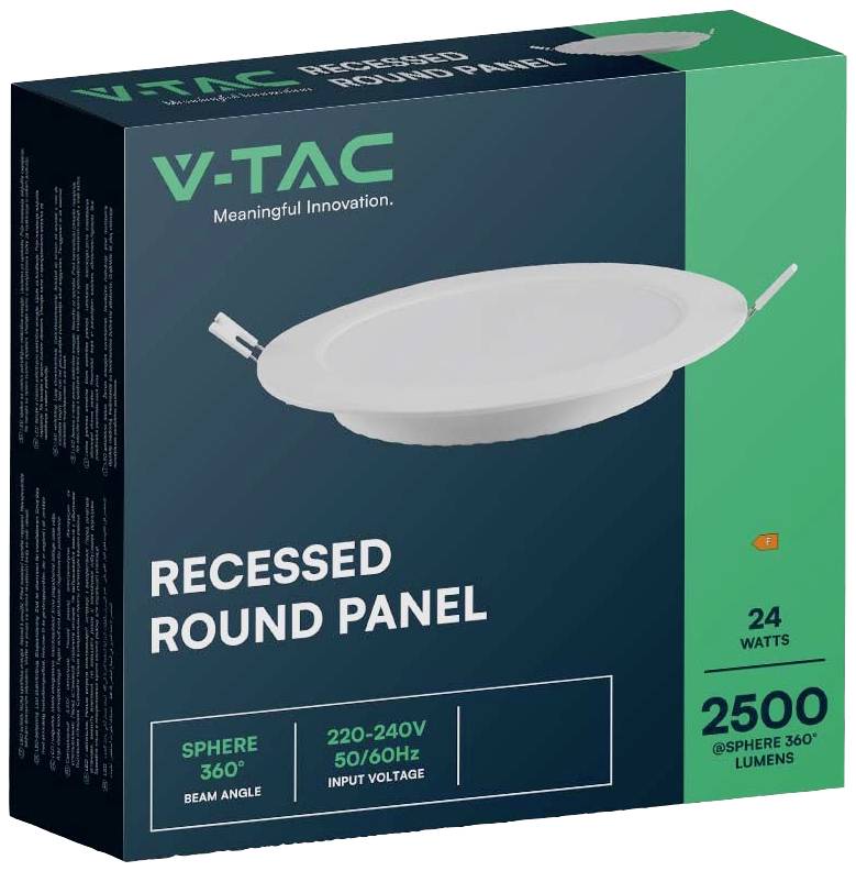 'V-TAC Standleuchte' Verpackung mit Bild einer runden, weißen Einbauleuchte. Text: 24 Watt, 2500 Lumen, 220-240V Spannung.