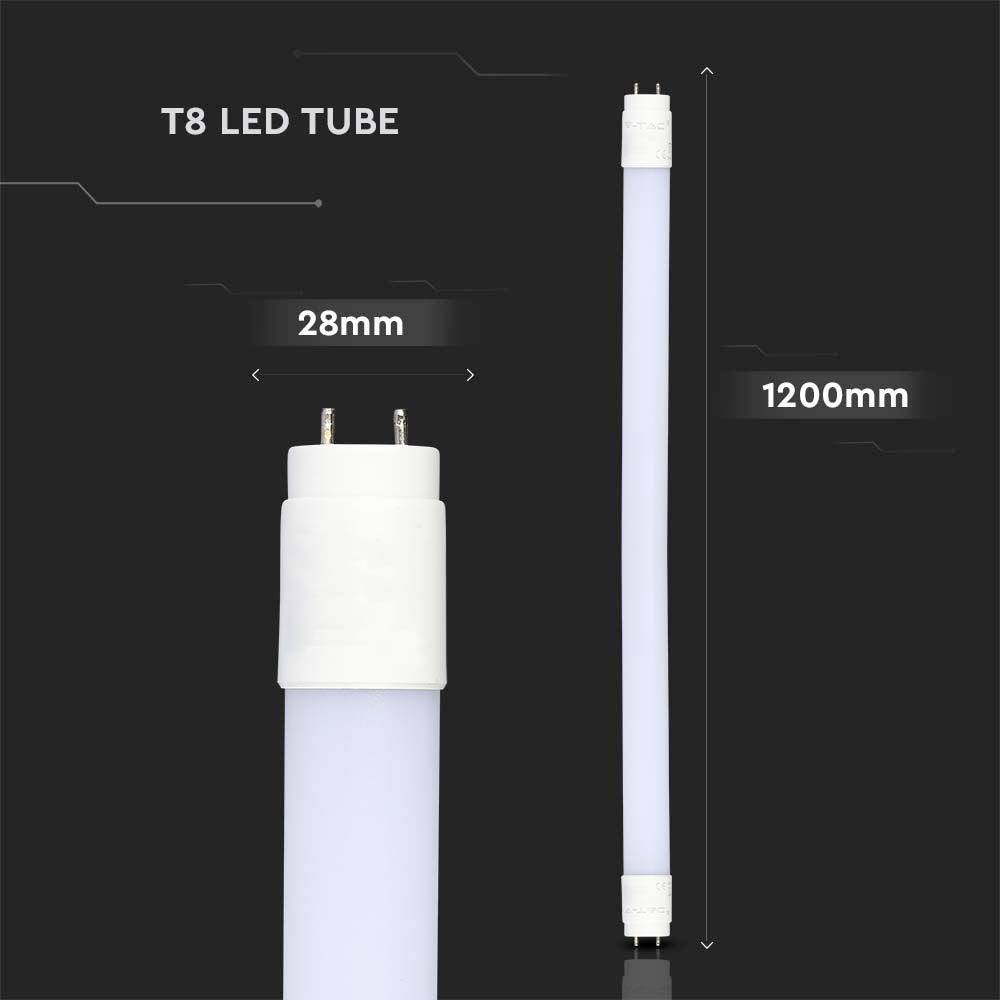 'T8 LED Tube' mit Abmessungen: Durchmesser 28 mm, Länge 1200 mm; Ansicht zeigt Anschlüsse und Form, Hintergrund dunkel.