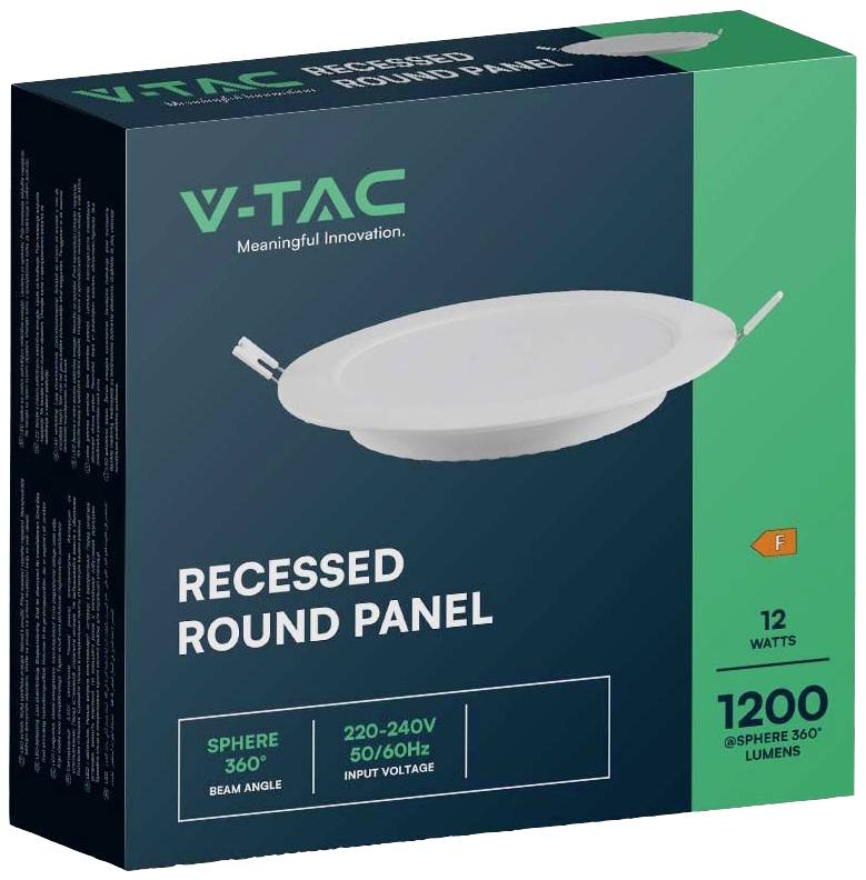 'V-TAC Recessed Round Panel' Verpackung, 12 Watt, geeignet für 220-240V, Lichtstrom 1200 Lumen. Abstrahlwinkel 360 Grad. Energieklasse F.