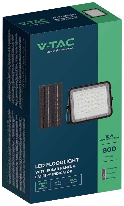 Verpackung eines V-TAC LED-Flutlichts mit Solarpanel. Beschriftung: 'LED Floodlight', '10W', '800 LUMENS', geeignet für Outdoor.