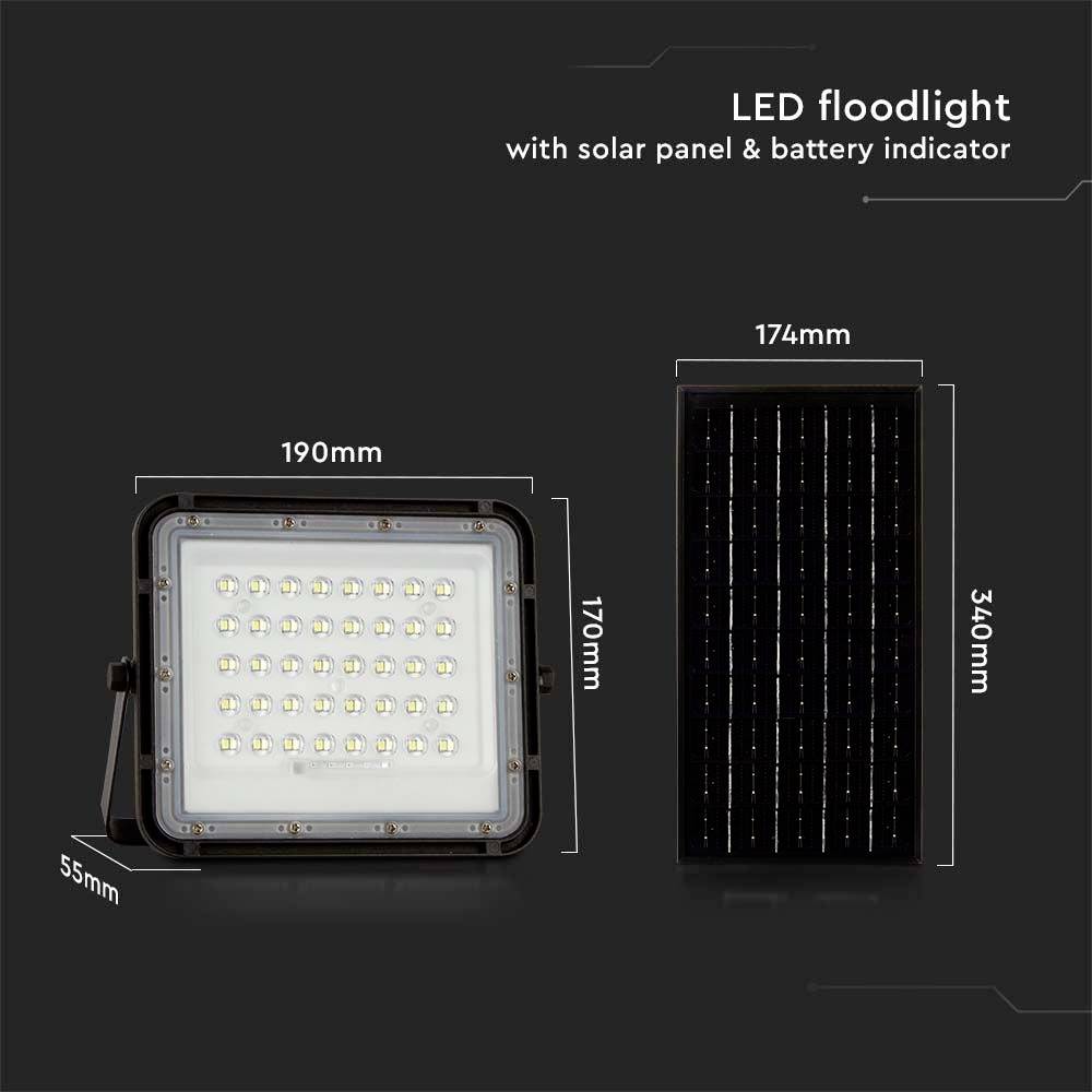 'LED-Flutlicht mit Solarpanel und Batterieanzeige.' Angaben zu Maßen: Flutlicht 190x170x55mm; Solarpanel 174x340mm.