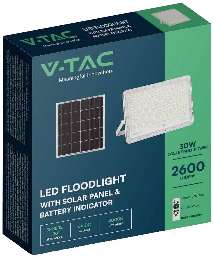 'LED-Flutlicht mit Solarpanel und Batterieanzeige, 30W Solarpanel-Leistung, 2600 Lumen, 6V DC, 4000K Tageslichtweiß.' Verpackungsabbildung.