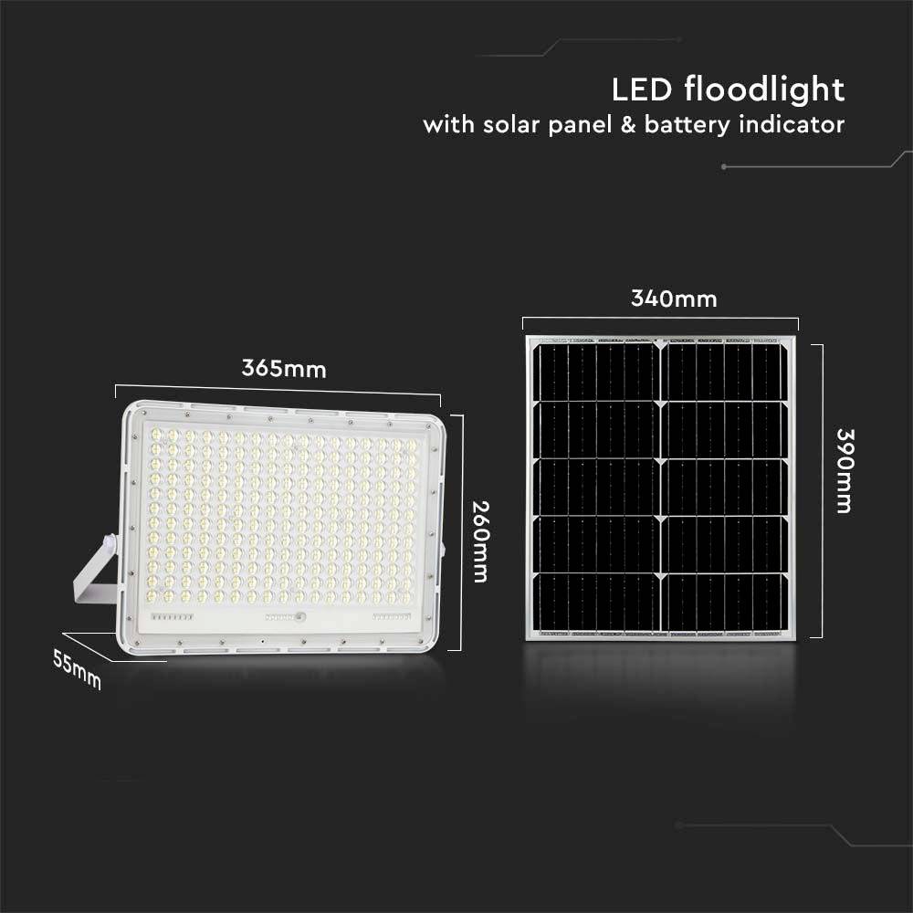 'LED-Flutlicht mit Solarpanel und Batterieanzeige' zeigt Abmessungen von 365mm x 260mm (Leuchte) und 340mm x 390mm (Solarmodul).