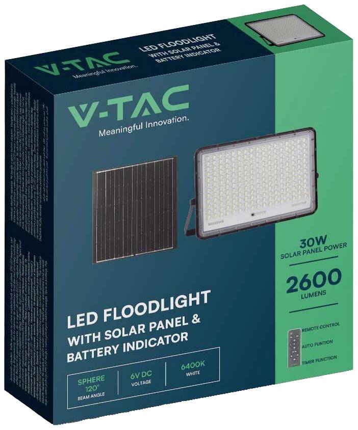 V-TAC VT-240W 7829 LED-Flutlichtstrahler, Solarmodul 30W Kaltweiß Schwarz