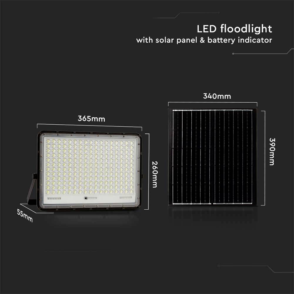 LED-Flutlicht mit Solarpanel und Batteriestandsanzeige, Maße: Flutlicht 365x260x55mm, Solarpanel 340x390mm.