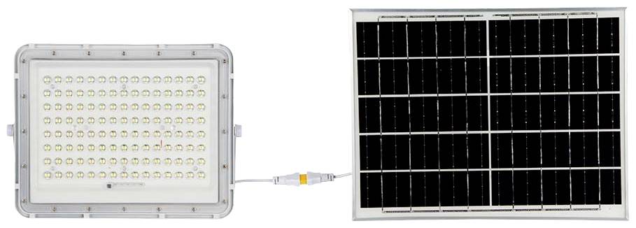 LED-Leuchte und Solarpanel verbunden durch ein Kabel, zeigen ein energieeffizientes Beleuchtungssystem für nachhaltige Stromgewinnung.