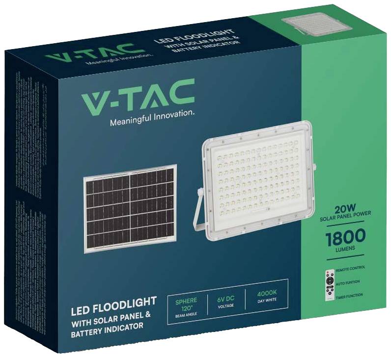 Verpackung eines LED-Flutlichts mit Solarpanel, Marke V-TAC. Details: 20W Solarenergie, 1800 Lumen, 4000K Tageslichtweiß.
