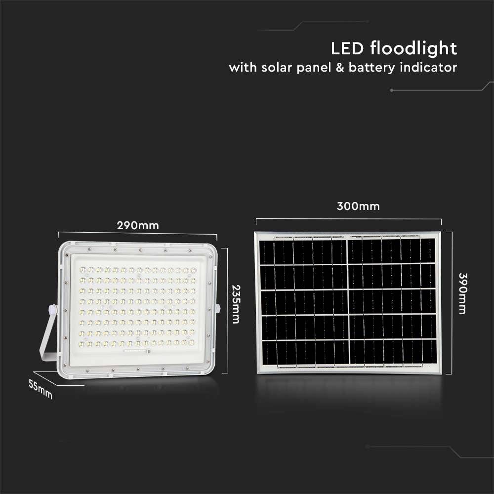'LED-Flutlicht mit Solarpanel und Batterieanzeige' mit deren Maßen in einem schlichten Design auf dunklem Hintergrund gezeigt.