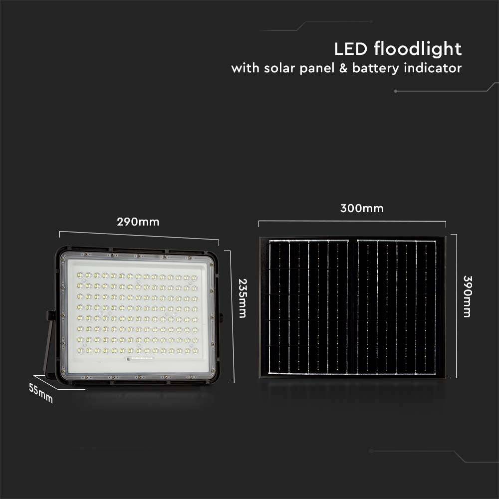 'LED-Flutlicht mit Solarpanel und Batterieanzeige.' Links Flutlicht mit Maßen 290x235x55mm, rechts Solarpanel 300x390mm.