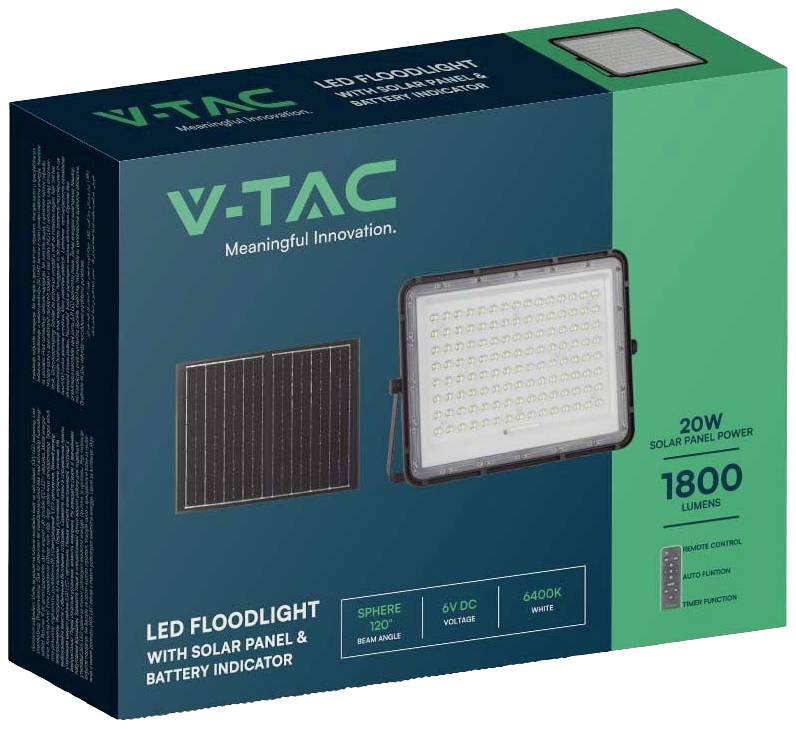 V-TAC LED-Flutlicht mit Solarpanel und Batterieanzeige, 20W Leistung, 1800 Lumen, Gehäusefarbe weiß, 120° Abstrahlwinkel, 6400K.