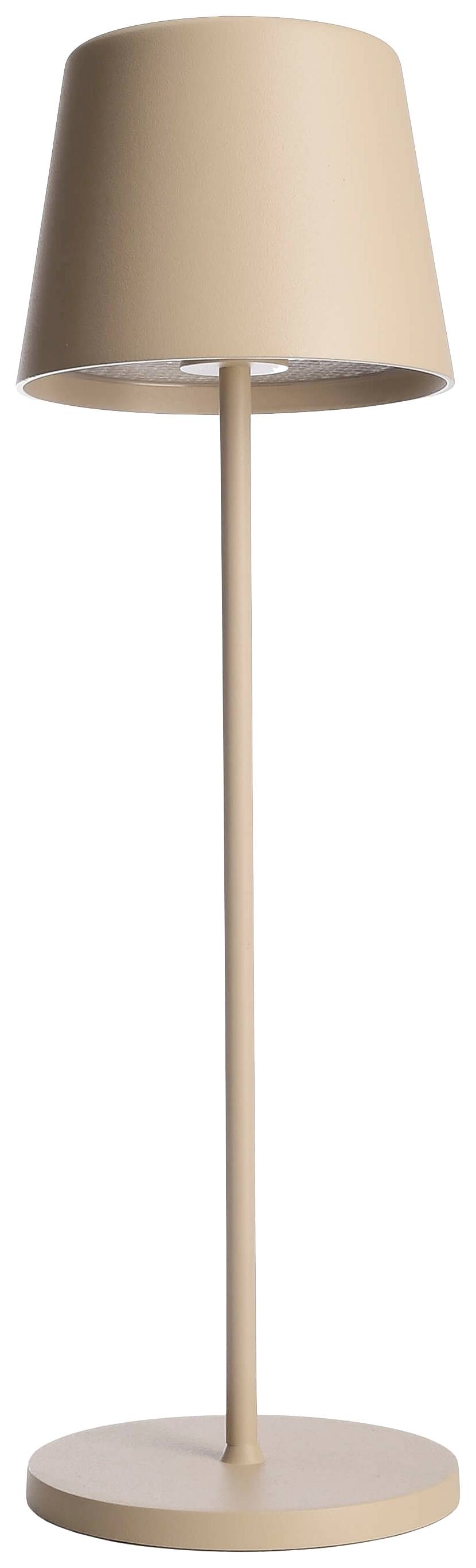 Beige Stehlampe mit schlichtem, modernem Design, zylindrischem Schirm und rundem Sockel. Ideal für minimalistische Räume.