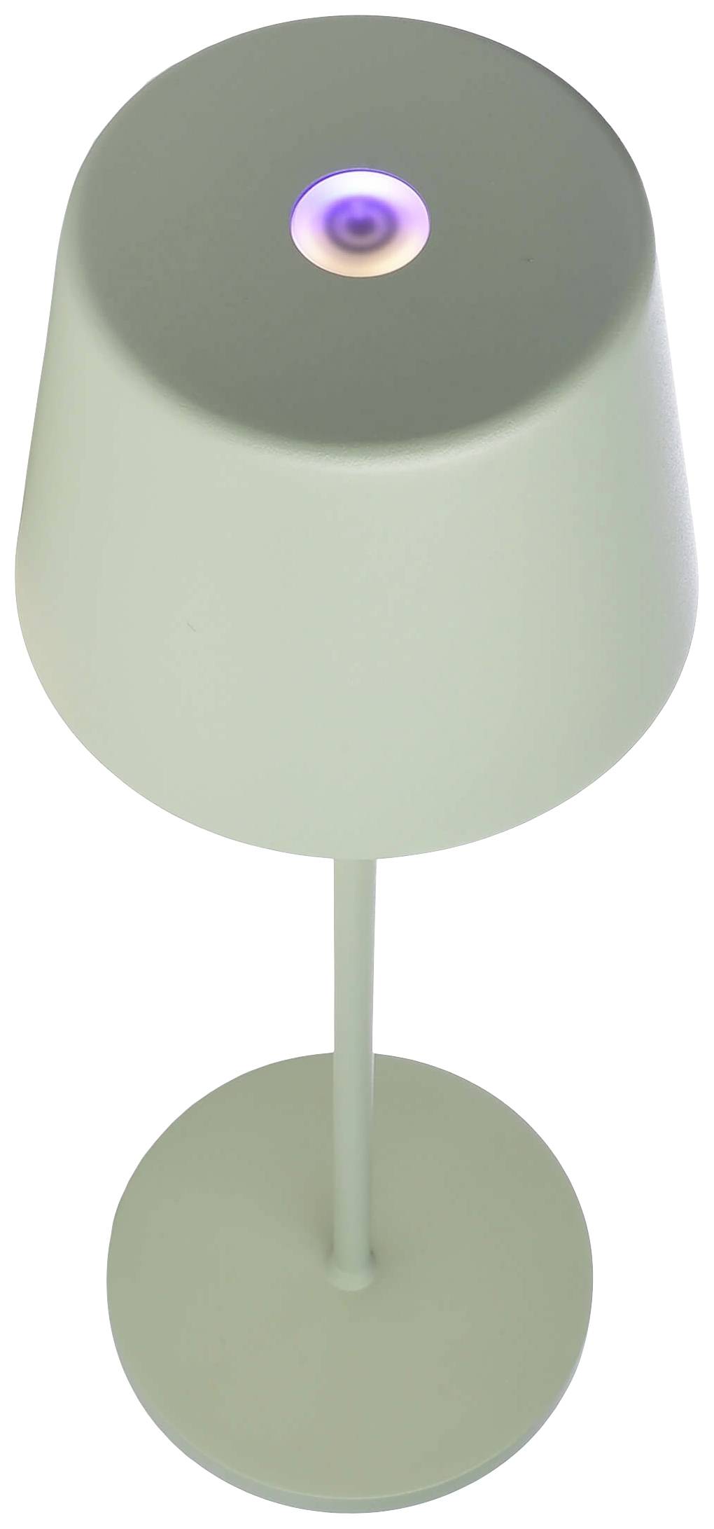 Moderne Tischlampe mit schlichtem, mattem Design in hellgrün, leuchtet lila oben auf dem Schirm. Ideal für Wohnzimmer oder Büro.