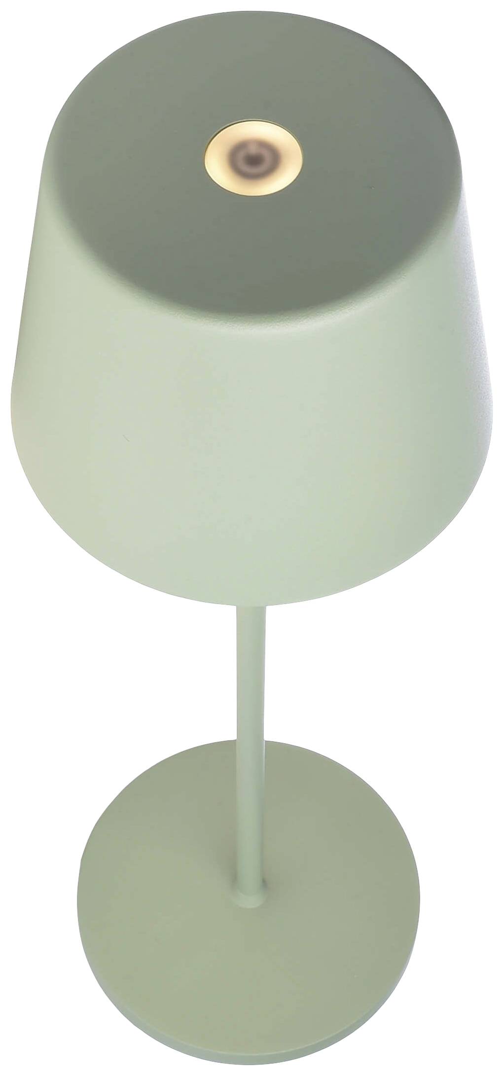 Eine schlichte, modern gestaltete Tischlampe mit grünem Schirm und Rundfuß, von oben betrachtet.