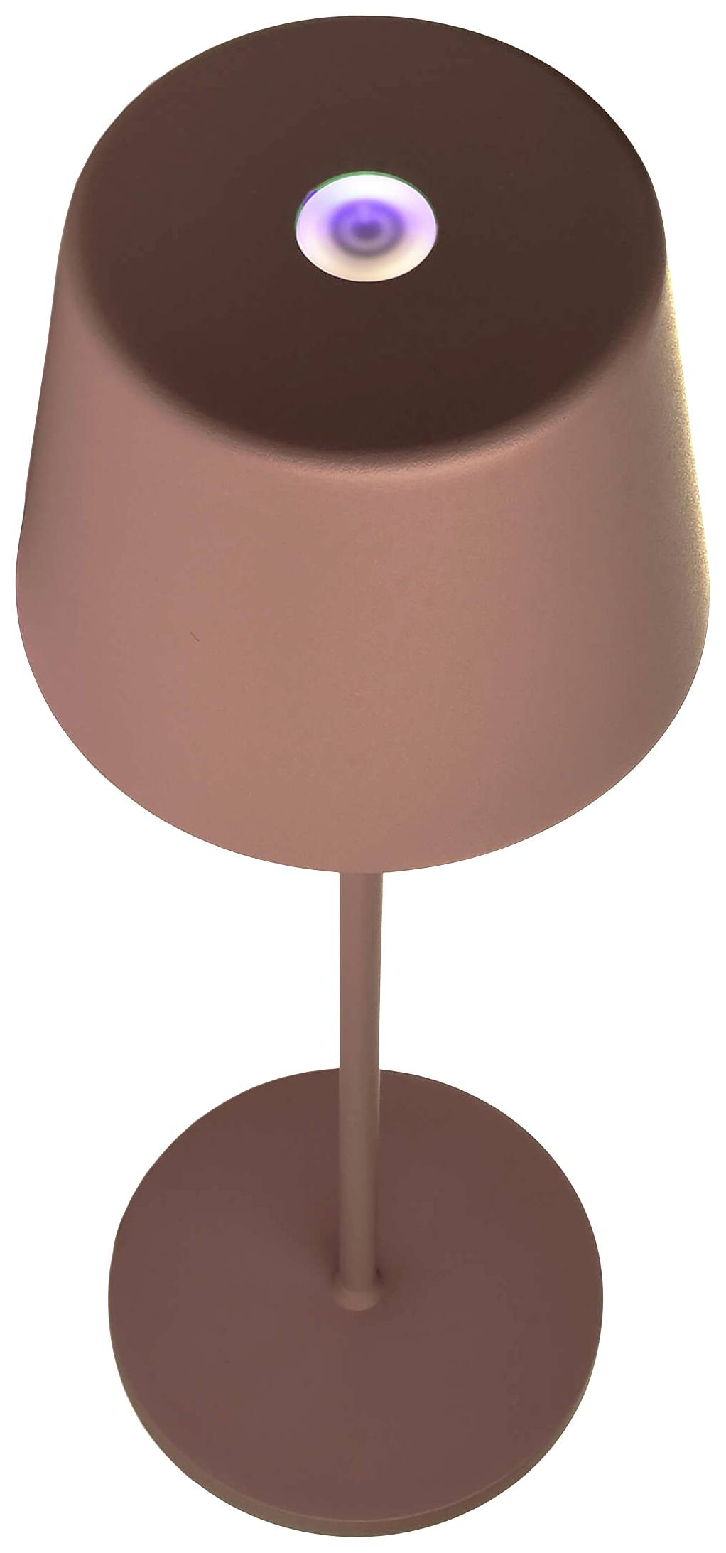 Eine moderne, minimalistische Tischlampe in roter Farbe mit einem glatten runden Schirm und Fuß, stehend aufrecht vor weißem Hintergrund.