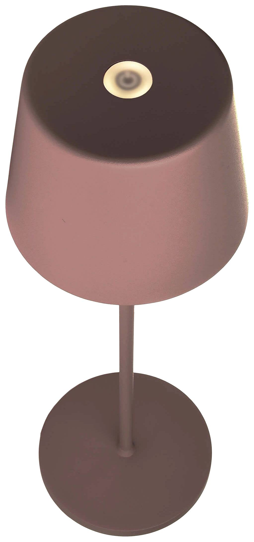 Rosa Lampe mit rundem Schirm und schmalem Ständer, direkte Draufsicht.