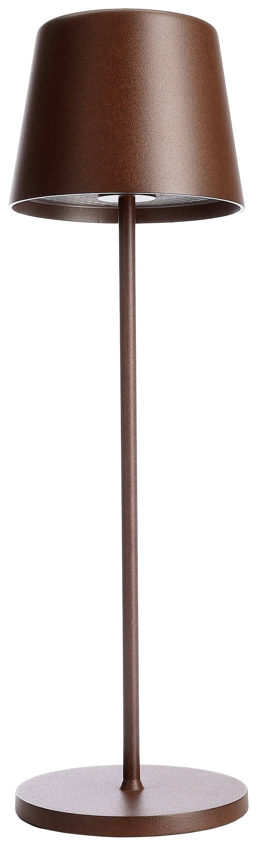 Braune Stehlampe mit schlichtem, modernem Design. Zylindrischer Schirm und schlanker Ständer bis zum runden Sockel.