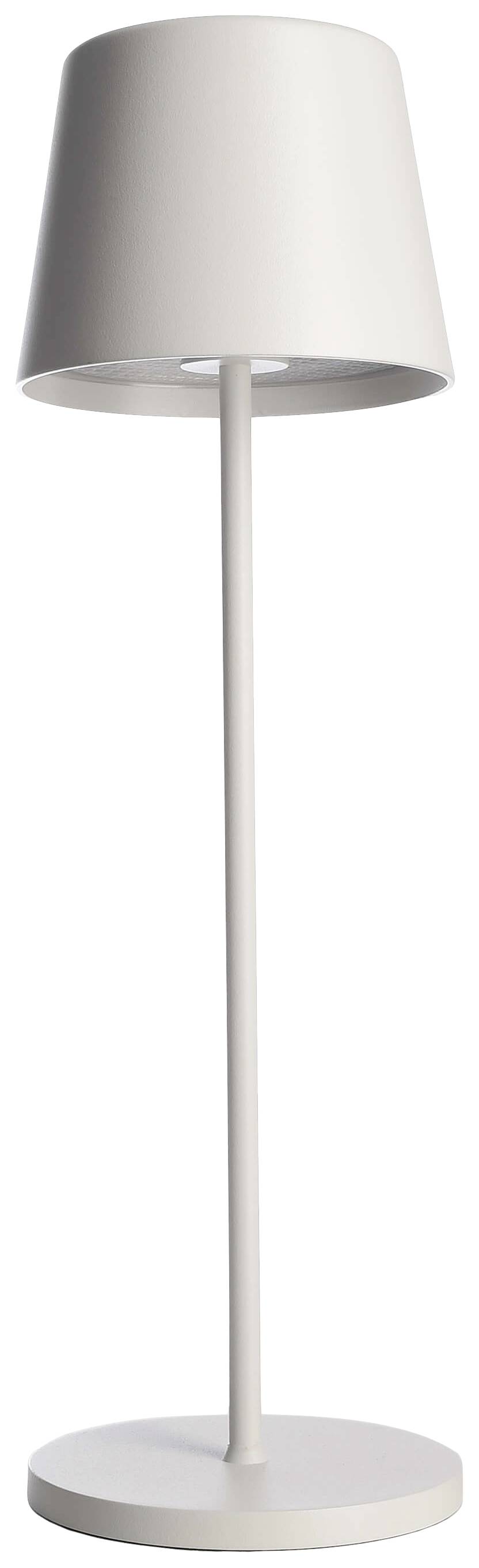 Weiße Stehlampe mit rundem, konisch zulaufendem Lampenschirm und schlankem Ständer auf kreisförmigem Sockel. Minimalistisches Design.