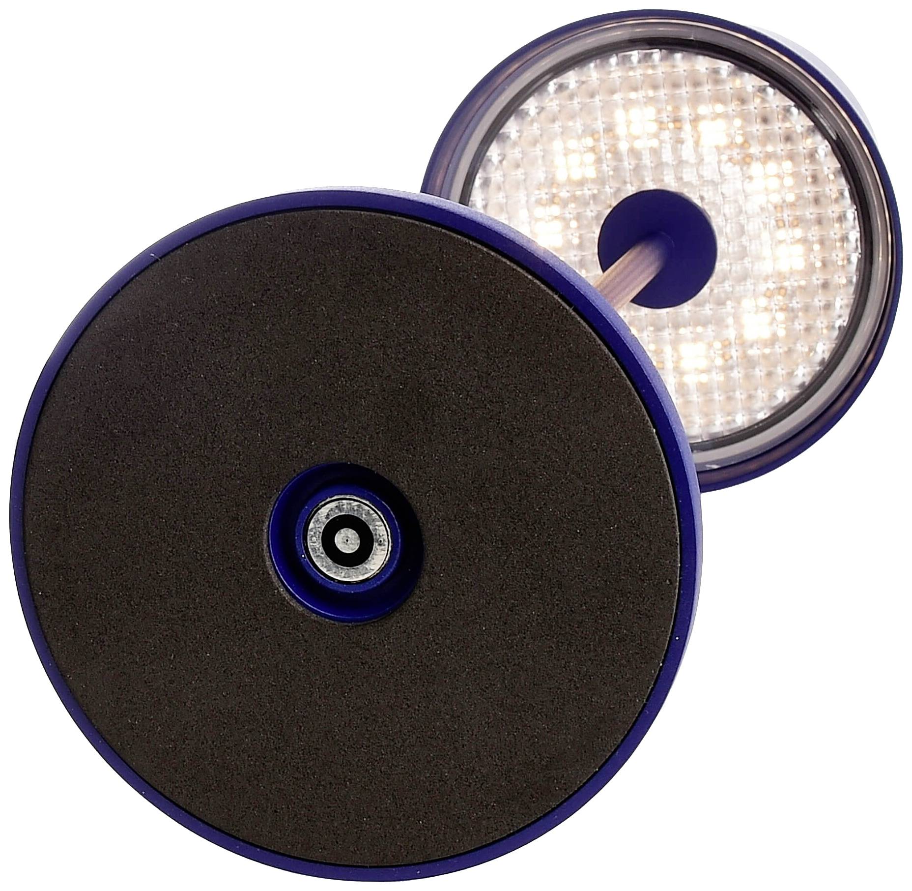 Zwei runde Objekte, das obere beleuchtet mit LED-Lichtern und das untere mit einem schwarzen Schaumstoffüberzug.