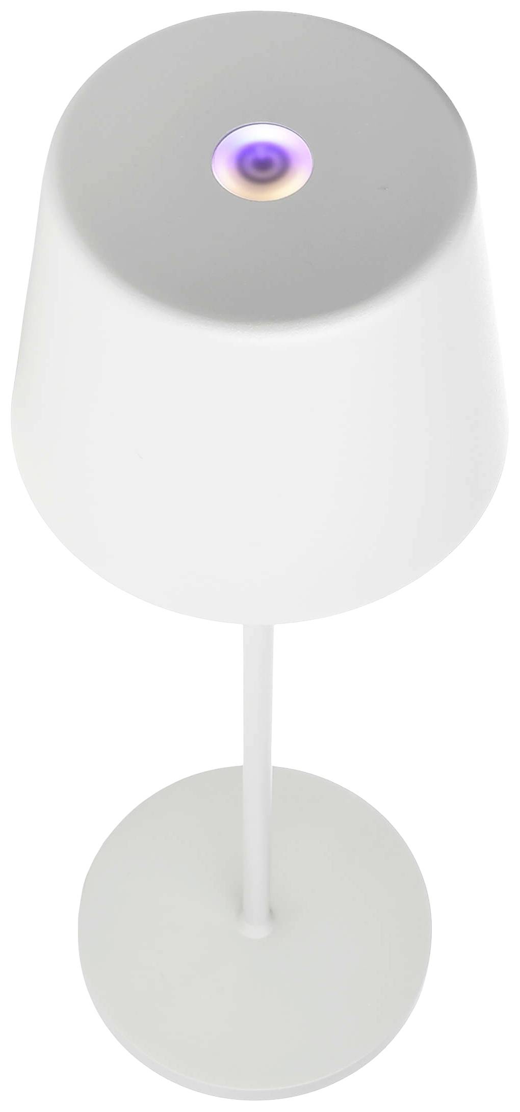 Weiße, moderne Tischlampe mit runder Basis und zylindrischem Schirm. Auf der Oberseite ein lila leuchtendes Element.