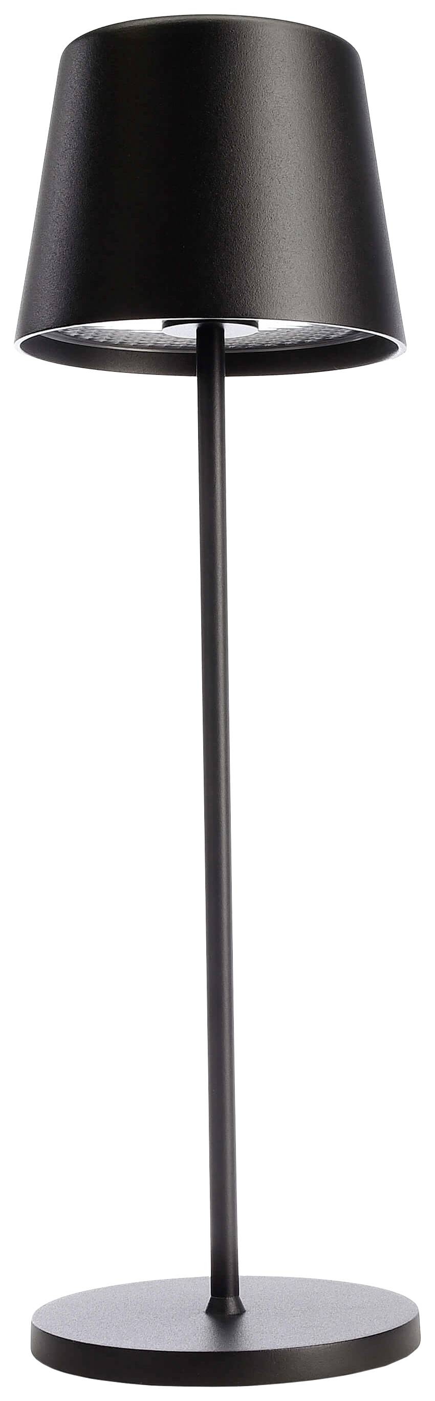 Eine schlichte, schwarze Stehlampe mit rundem Schirm und schlankem, geradem Ständer, geeignet für moderne Inneneinrichtungen.