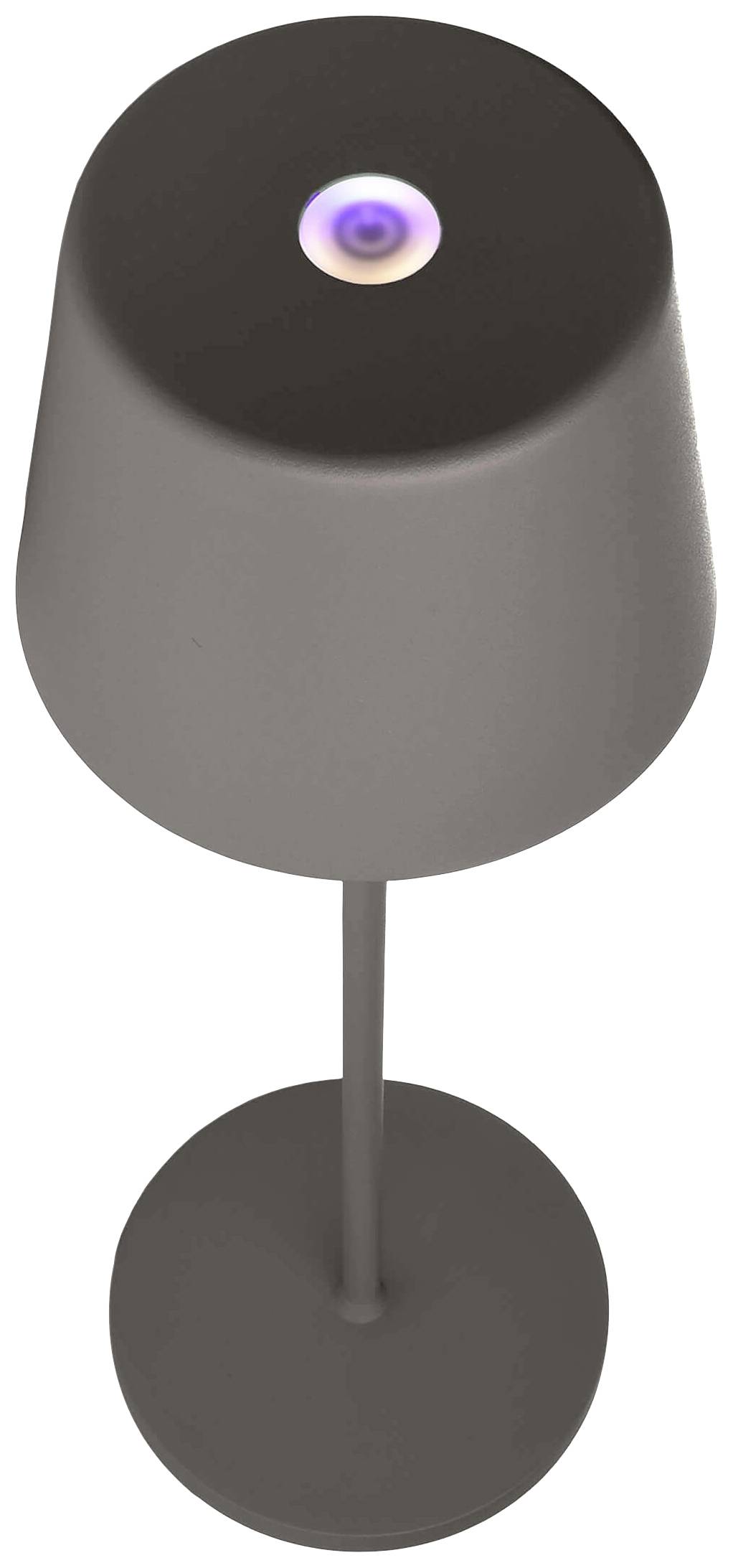 Eine moderne, schlichte Tischlampe in Schwarz mit einem farbigen Leuchtknopf auf der Oberseite.