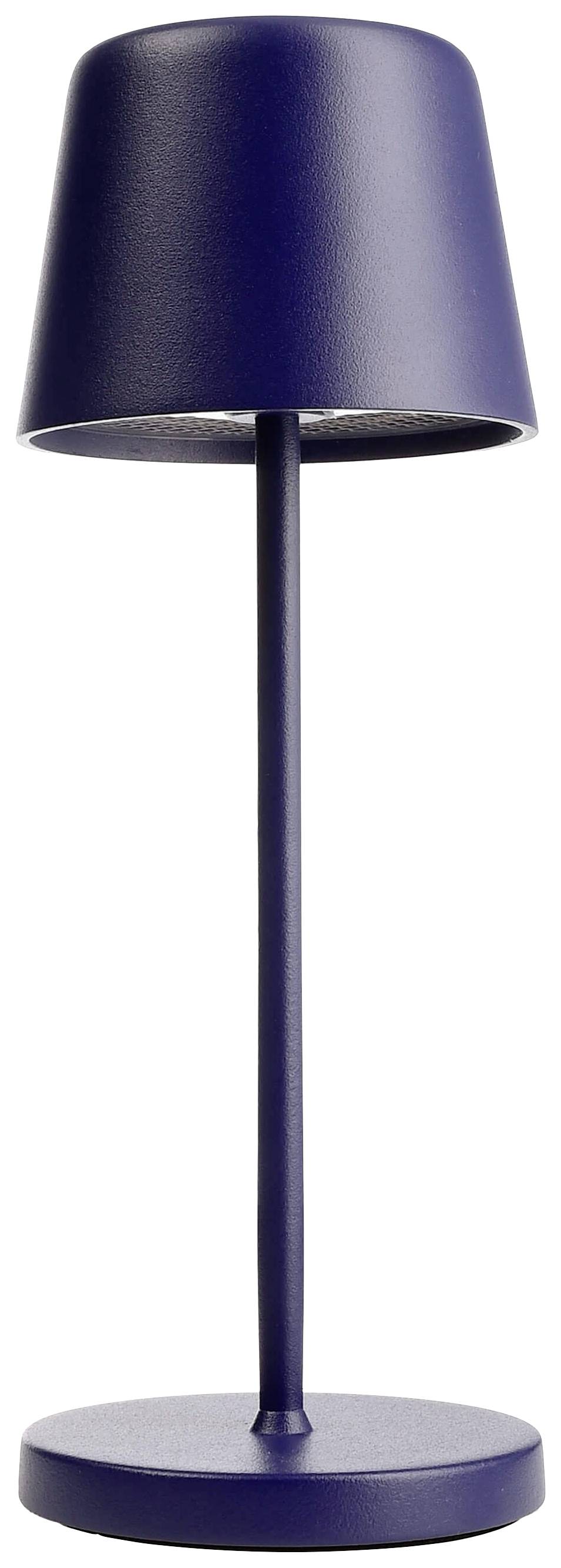 Blaue Tischlampe mit rundem Fuß und schmalem, hohen Schirm, modern und minimalistisch gestaltet.