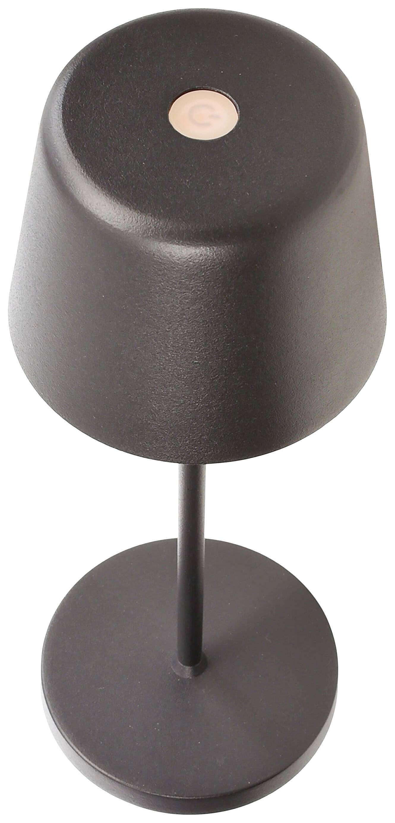 Eine schwarze Tischlampe mit einem berührungsempfindlichen Einschaltknopf oben.