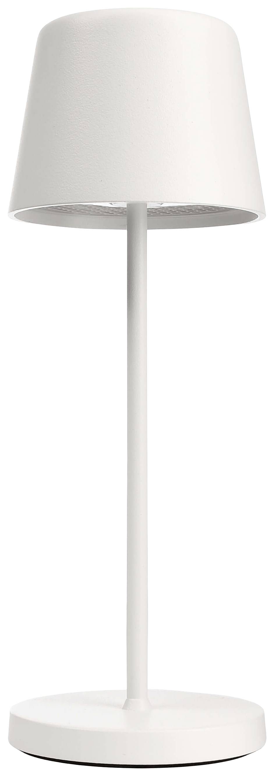 Weiße Tischlampe mit zylindrischem Schirm und stabilem Sockel, geeignet für moderne Inneneinrichtungen.